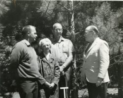 Dedication of red pine trees at Trees for Tomorrow in tribute to Fred Schmeeckle's (WCHF Inductee) years of service. L-R: Jim Newman, B. C. Schmeeckle, Bernard Wievel and Mully Taylor. 1967. (Photo by Don Hiller.)