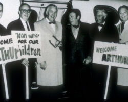 ORAP (Outdoor Recreation Action Plan) delegation welcoming Arthur Godfrey to Wisconsin to help sell ORAP to the public. L-R Les Voight, DNR Secretary; Russ Neugebauer, National Wildlife Federaton Washington D.C.; Leo Rothe; Arthur Godfrey; Governor Warren Knowles; Earl Jordan. 1968. (Photo courtesy of Leo Rothe.)