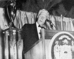 Governor Warren P. Knowles admires the trophy he received as the top conservationist in Wisconsin just before leaving office, after serving six years as Governor. The award was made by the Wisconsin Wildlife Federation at their annual banquet in Madison in 1970.