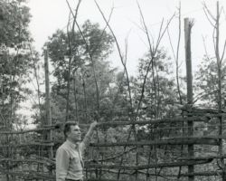 Wallace Grange at Sandhill Game Farm with deer-proof fence. 1942.
