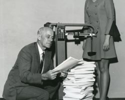 Walter Scott with testimony from DDT hearing. 1969. (Courtesy of Wisconsin DNR.)