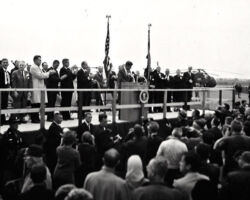 John F. Kennedy speaks to an audience in Ashland, WI. Gaylord Nelson (left) arranged a tour of the Apostle Islands in 1963 while serving as U.S. Senator. (Photo courtesy of Jeffrey Stoddard.)