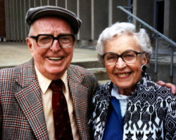 Hickey and his 2nd wife Lola Gordon celebrating his 80th birthday at the UW-Madison Dept. of Wildlife Ecology, Madison, WI. 1987. (Photo courtesy of Susi Hickey Nehls.)
