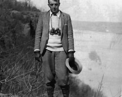 Hickey on a search of cliff nesting sites of peregrine falcons, above the Hudson River, 1939. Hickey’s thorough survey and records of these historical nesting sites would prove significant 3 decades later after peregrine populations declined, and this decline was linked to DDT. (Photo courtesy of Susi Hickey Nehls.)