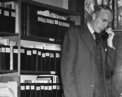 Hickey in his office at the UW-Madison, Madison WI. Circa 1950s. A serious, by-the-books academician, that persona of Hickey’s would change during his testimony at the WI DDT hearing in 1968-69 when he stepped out of his comfort zone to become a citizen scientist. (Photo courtesy of Susi Hickey Nehls.)