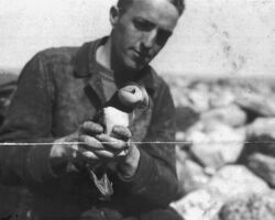 Hickey holding a Puffin for banding on an island off Maine. Circa late 1920s. Hickey’s love of the science of bird banding would span 5 decades and led to his PhD thesis in 1952 on survival studies of banded birds. (Photo courtesy of Susi Hickey Nehls.)