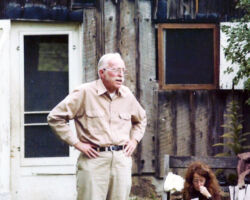 Hickey speaking to friends at a surprise retirement picnic held for him at the Shack of WCHF Inductee Aldo Leopold, Baraboo, WI. 1977. Daughter Susi is seated. In attendance were WCHF Inductee C.D. Besadny and Roy Gromme, son of WCHF Inductee Owen Gromme. (Photo courtesy of Susi Hickey Nehls.)