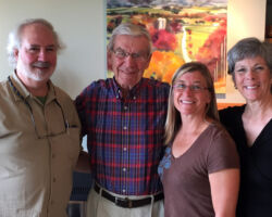 Pictured: Tom Dawson, Arlen Christenson (WCHF Inductee), Melissa Scanlan and Kathleen Falk. Tom and Kathleen formerly served as Public Intervenors. Melissa founded Midwest Environmental Advocates. Arlen was an important mentor to each of them and he served on the advisory bodies for both organizations. Here they were reminiscing about key battles, such as over groundwater standards. 2018. (Photo courtesy of Melissa Scanlan.)