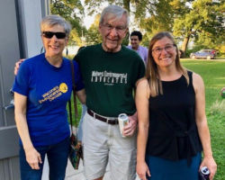 Kathleen Falk (WCHF Inductee), Arlen Christenson and Melissa Scanlan at a Midwest Environmental Advocates and Clean Wisconsin party celebrating a Wisconsin State Supreme Court victory. 2021. (Photo courtesy of Melissa Scanlan.)