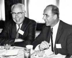 Gordon Bubolz and Senator Gaylord Nelson (WCHF Inductee) at a luncheon in Appleton. Nelson and Bubolz served in the State Senate together, working on conservation and water pollution issues. Nelson was instrumental in naming Bubolz to lead influential conservation commissions. Circa early 1970s. (Photo courtesy of Bubolz Family.)