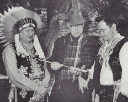 James Frechette, Gordon Bubolz and John Munson planning Menominee Nature Tours, guided tours featuring the forests, cascading waters and wildlife habitat of the Menomonee forest. 1967. (Photo courtesy of Bubolz Family.)