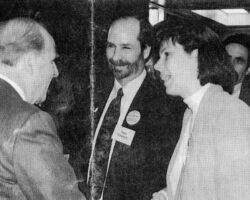 Kathleen Falk and Tom Dawson, both Public Intervenors, speaking with Senator Gaylord Nelson (WCHF Inductee).