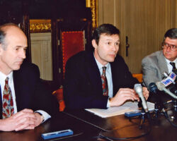 Dave Ullrich (L), US EPA Region V Administrator, Gov. Scott McCallum (center), and Meyer (R) at the Governor’s Office in Madison, WI, 2001. The occasion was the establishment of a regulatory relationship between the DNR and EPA on clean-up of the then-polluted Fox River. (Photo courtesy of WI DNR.)