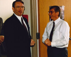 Meyer (R) welcomes Gov. Tommy Thompson to the DNR office building in Madison, WI, 1995. Gov. Thompson had just reappointed Meyer as DNR Secretary and made this personal visit, a sign of his respect for Meyer, to help calm staff fears about the new cabinet form of government. (Photo courtesy of WI DNR.)