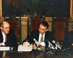 Gov. Tommy Thompson (center) with Tom Schmidt (L), Wis. Paper Council, and Meyer (R) signing a breakthrough agreement on an effort to prevent industrial pollution, at the Governor’s Office, Madison, WI, 1996. Meyer had championed this effort, which went beyond just regulation to ways to voluntarily increase pollution clean-up. (Photo courtesy of WI DNR.)