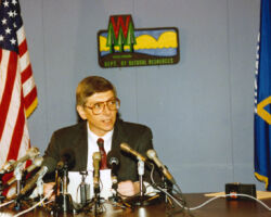 Meyer leading a press conference at the DNR office building in Madison, WI, 2001 in which he advocated for restoration of Board appointments of the DNR Secretary. In his 8-yr tenure as DNR Secretary, Meyer worked tirelessly at transparency, and gave more interviews and more public speaking engagements than any Secretary before him. (Photo courtesy of WI DNR.)