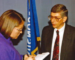 Meyer fielding questions from a reporter after a press conference in the DNR office building in Madison, WI, 2001. Meyer LOVED such press coverage opportunities, which he described as unfiltered. He was never afraid to answer questions, and he saw such events as great opportunities to get the word out. (Photo courtesy of WI DNR.)