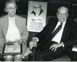 Paul J. Olson celebrating his Induction into the Wisconsin Conservation Hall of Fame. 1989. Photo courtesy of the Wisconsin Conservation Hall of Fame.