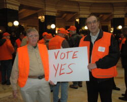 Meyer (left) and Ralph Fritsch, both representing the Wisconsin Wildlife Federation, at the State Capitol where they advocated approval by legislators of a bill restoring independence of the DNR secretary, Madison, WI. 2010. (Photo courtesy of Tim Eisele.)