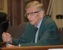 Meyer often testified before State Senate and State Assembly committees. Here he is speaking to the legislature on the value of wetlands, Madison, WI. 2017. (Photo courtesy of Tim Eisele.)