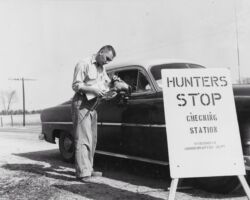 C. D. Besadny checking a pheasant at a roadside check station at the public hunting grounds in Mazomanie, WI. 1953. (Photo by Dean Tvedt. Courtesy of Wisconsin DNR and UW Madison Digital Archives.)