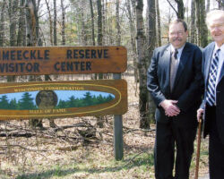 Earl Spangenberg, past WCHF Executive Secretary, and Russell Peterson at Schmeeckle Reserve in Stevens Point, WI. 2007. (Photo courtesy of Wisconsin Conservation Hall of Fame.)