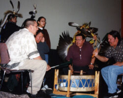 Waukau is credited with playing an important role in six separate efforts to protect or enhance the Wolf River and the surrounding environment in northeast Wisconsin. Pictured are drummers at Waukau's Induction. 2001. (Photo courtesy of the WCHF.)