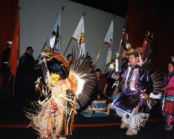Hilary Waukau was a Menominee Nation tribal leader and respected elder, U.S. Marines World War II veteran and longtime environmental leader and conservationist. Pictured are dancers at Waukau's Induction. 2001. (Photo courtesy of the WCHF.)