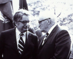 MacKenzie (right) at the dedication of the MacKenzie Environmental Education Center. The MacKenzie Center offers interpretive trails, exhibits, museums and programming available for school and youth groups.
