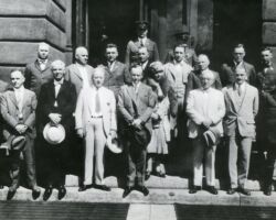 First DNR Conservation Commission. Front row: H. W. MacKenzie (WCHF Inductee), E. M. Dahlberg (WCHF Inductee), A. W. Ickes, Wm. Mauthe, Calvin Coolidge and wife, Frank Gilbert, Haskell Noyes, Jim McNaughton. Back row: Matt Patterson, B. O. Webster, C. L. Harrington, State Senator Johnson, C. Arthur Johnson, Louis Nagler, Duane Kipp, Hugh Percy. Third row: two Secret Service Agents. 1928. (Photo courtesy of Wisconsin DNR.)