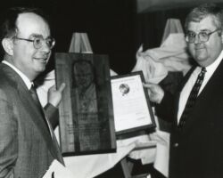 George Archibald (L, WCHF Inductee) at Owen Gromme's WCHF Induction Ceremony. 1994. (Photo courtesy of the Wisconsin Conservation Hall of Fame.)