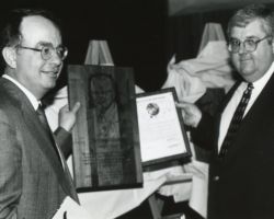 George Archibald (L) at Owen Gromme's WCHF Induction Ceremony. 1994. (Photo courtesy of the Wisconsin Conservation Hall of Fame.)