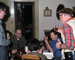 Frances holding court with guests who came to Plainfield to watch prairie chickens on their booming grounds. Circa 1960s/1970s. (Photo courtesy of Harv Radke.)