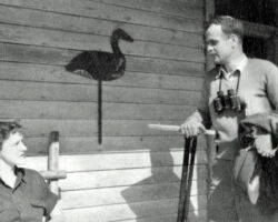 Ruth Hine (WCHF Inductee) talking to Frederick Hamerstrom after a morning of watching Prairie Chickens at the Hamerstroms. The Hamerstrom’s held Ruth editorial skills in high esteem. 1950 (Photo courtesy of Elva Hamerstrom Paulson.)