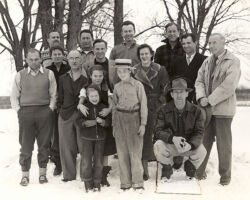 Taken at a meeting at Frederick and Frances Hamerstrom's house. Back row from left: Frederick and Frances Hamerstrom (WCHF Inductees), Os Mattson, Greeley, unknown, Cy Cabot, Joseph Hickey (WCHF Inductee). Second row: Gustave Kramer (German ornithologist), unknown, John Emlin, Ruth Hine. Children in front row: Mary Bee Jorgenson, Elva and Alan Hamerstrom. Kneeling is Robert McCabe (WCHF Inductee). Robert McCabe was a photographer who liked to share his photos. He wanted to be in this one so he cut himself out of another photo and glued it on this one. Circa 1950. (Photo by Robert McCabe.)