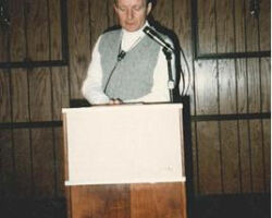 1980 Keith giving deer research findings and field implications at one of the periodic DNR in-service training sessions on deer population monitoring and harvest management. (Circa 1980s, DNR photo)