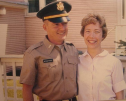 1968 Keith and Josie after "drill" while he served as detachment commander of Rhinelander unit, National Guard, 724th Engineers. He was in Air Force ROTC at St. Olaf for 2 years prior to serving 6 yrs in the National Guard and an additional year and more in the Army Reserve. He was commissioned from the Wis. Military Academy in Madison. (Photo by Bob Aho in 1968)