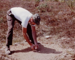 1978 Keith's coworker Jim Ashbrenner preparing a scent station during the evaluation of the impact of forest openings construction. The four most frequent visitors to the scent stations were deer, skunks, coyotes and snowshoe hares. Deer and skunks seemed most favored by the constructed openings. (Photo by McCaffery, ca. 1978)